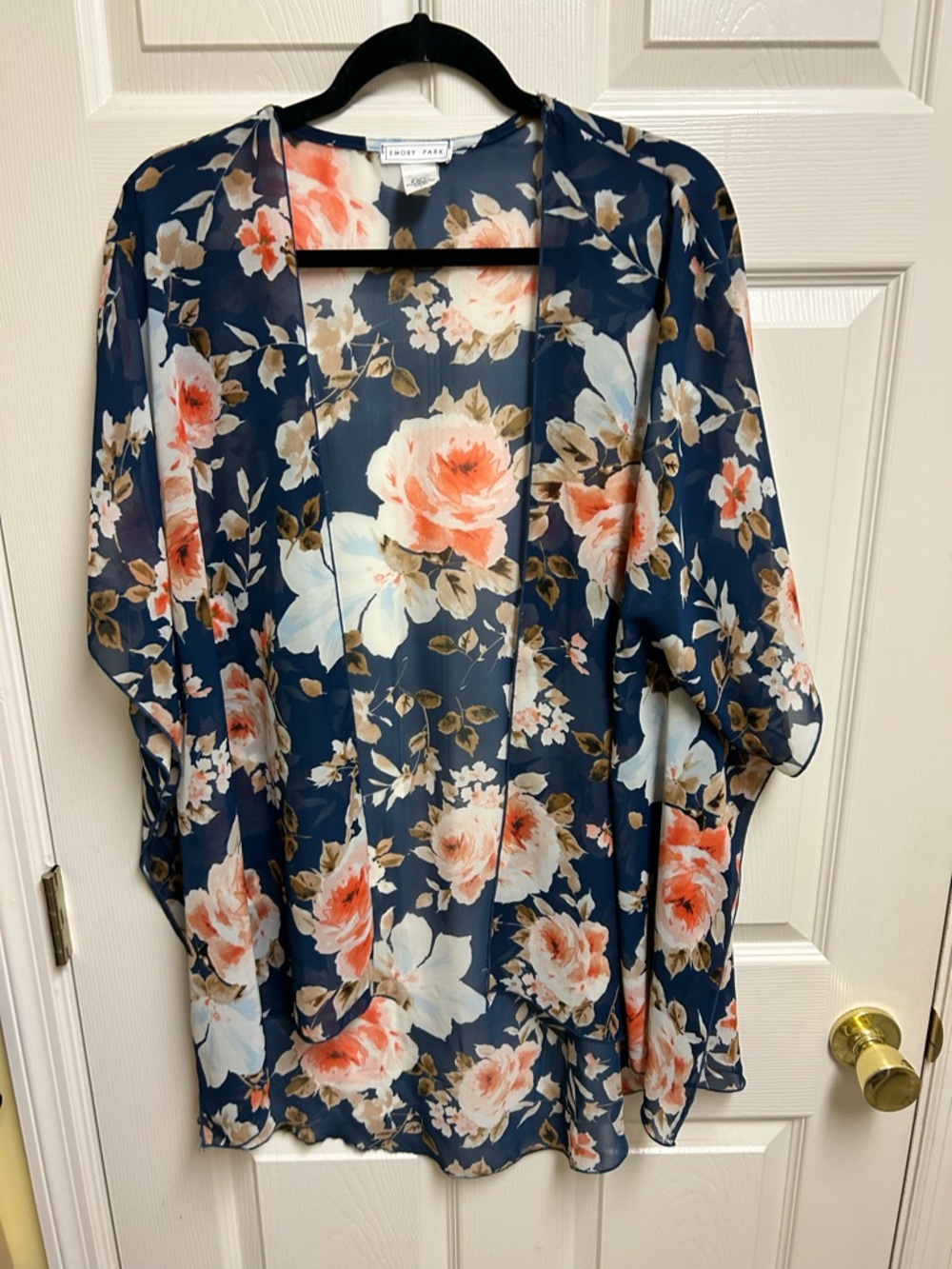 emory park Navy Floral Kimono Tunic with Peach Blooms